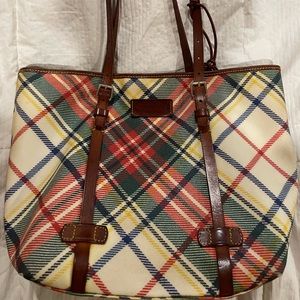 Dooney And Bourke plaid with brown leather strap tote